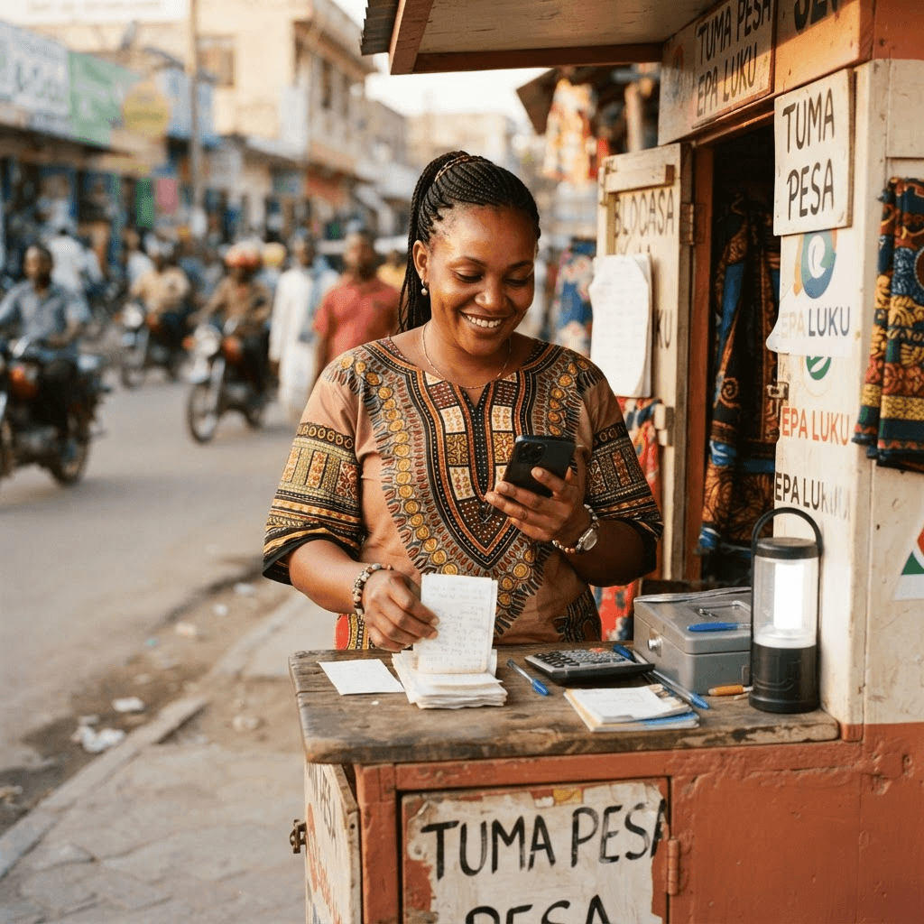 A registered mobile money agent organizing her kiosk in Dar es Salaam